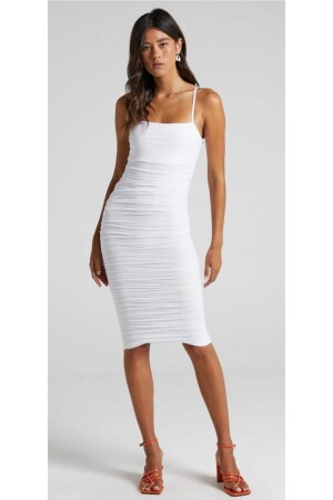 Weißes Midikleid für Damen mit Kordelzug und gerafften Trägern - By Eymen Design