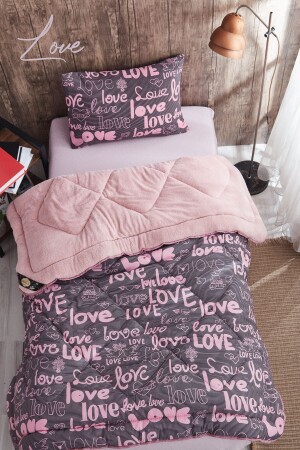 WELSOFT ÇİFT KİŞİLİK LOVE DESENLİ PEMBE RENK YORGAN SETİ - Marla Home