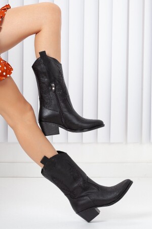 Western-Cowboystiefel für Damen aus schwarzem Leder mit schwarzem besticktem Reißverschluss - Bak Store