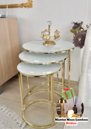 Yagmur 3’lü Zigon Sehpa Takımı Beyaz Gold 257T-T1 - Yagmurshopp
