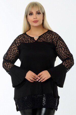 Yakası Zincirli Tül Üzeri Flok Baskılı Volanlı Uzun Kollu Tunik - Kheos