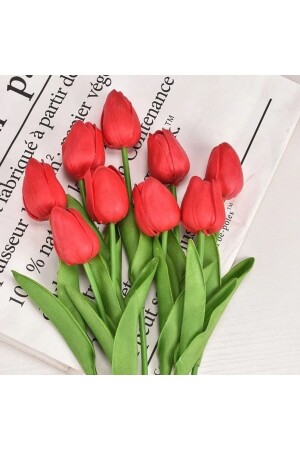 Yapay 8li Islak Lale Buketi Gerçek Doku Kırmızı - E Elmas