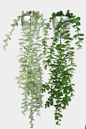 Yapay Çiçek Elmas Saksı İçerisinde 16 Yapraklı Pastel Ve Yeşil Okaliptus Sarkıtı Seti - Gidipo