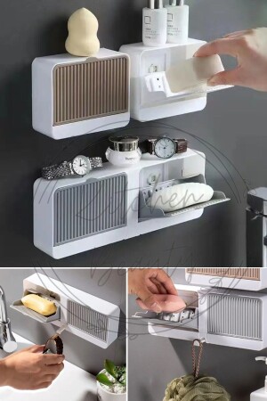 Yapışkanlı Çift Bölmeli Sabunluk Kapaklı Kendinden Boşaltmalı Su Tutmaz Katı Sabunluk Sabun Kutusu - Kitchen Beauty