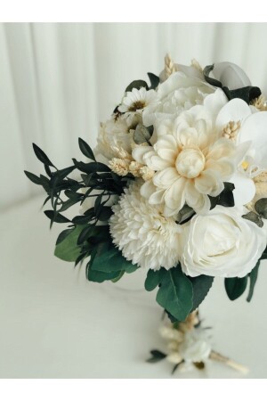 Yeni Sezon Beyazın Büyüsü Gelin Buketi Ve Damat Yaka Çiçeği Yapay Çiçek Ve Şoklanmış Ot ALMBUK030 - 4