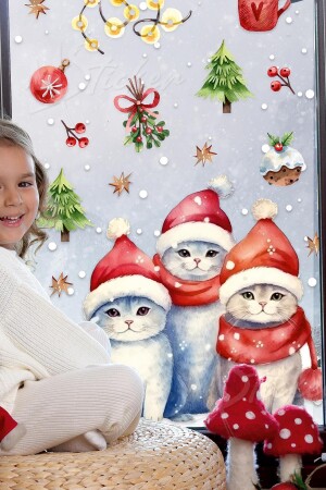 Yeni Yıl Yılbaşı Kedileri Cam Duvar Sticker Seti Sevimli Kediler Kış Konseptli Figürler Yılbaşı Süsü YB38 - 1