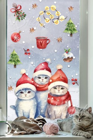 Yeni Yıl Yılbaşı Kedileri Cam Duvar Sticker Seti Sevimli Kediler Kış Konseptli Figürler Yılbaşı Süsü YB38 - 2