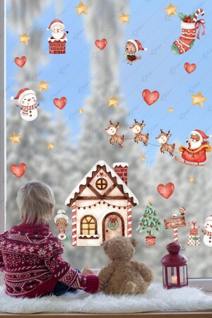 Yılbaşı Kış Evi Kardan Adam Ve Noel Baba Kış Figürleri Kalpler Ve Yıldızlar Yeni Yıl Sticker Seti YB5 - 1