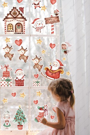 Yılbaşı Kış Evi Kardan Adam Ve Noel Baba Kış Figürleri Kalpler Ve Yıldızlar Yeni Yıl Sticker Seti YB5 - 2