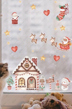 Yılbaşı Kış Evi Kardan Adam Ve Noel Baba Kış Figürleri Kalpler Ve Yıldızlar Yeni Yıl Sticker Seti YB5 - 3