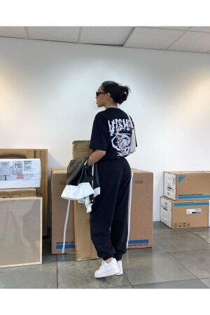 Yishe Eşofman Altı T-shirt - Siyah Baskılı Eşofman Takımı Oversize Bisiklet Yaka - Mythologie