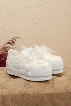 Yüksek Dolgu Topuklu Incili Güpürlü Gelinlik Abiye Ayakkabı - Daruga