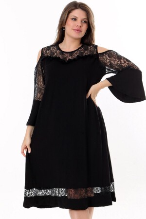 Yuvarlak Yaka Göğsü Eteği ve Kolu Dantel Detay Uzun Volanlı Kol Omzu Pencereli Esnek Midi Boy Elbise - Kheos