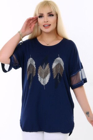 Yuvarlak Yaka Tül Şeritli Kısa Kol Yaprak Desen Taş Baskılı Rahat Likralı Esnek Büyük Beden Bluz - Kheos