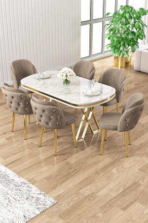 Zae Serisi 90x160 Lak Panel Beyaz Mermer Desen Gold Ayak Masa Takımı 6 Cappucino Sandalye - Canisa