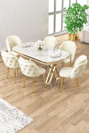 Zae Serisi 90x160 Lak Panel Beyaz Mermer Desen Gold Ayak Masa Takımı 6 Krem Sandalye - Canisa