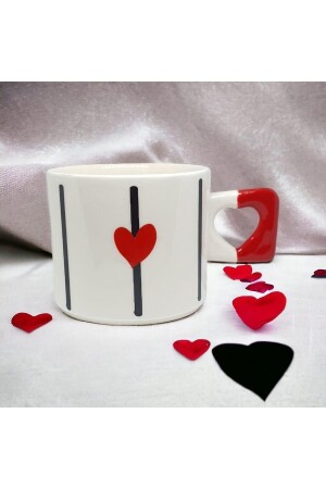 Elegante rote Herz-gemusterte handgemachte natürliche Keramik-Herz-Tasse/Tasse – Tee- und Kaffeetasse - Ikiseramik
