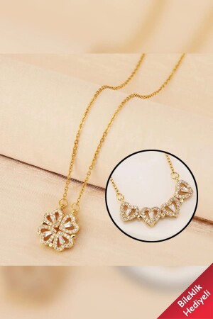 Zirkon Taşlı Açılır Çoklu Kalpli Kapanır Yonca Mıknatıslı Kararmaz Gold Çelik Kolye THE00513 - The Collection