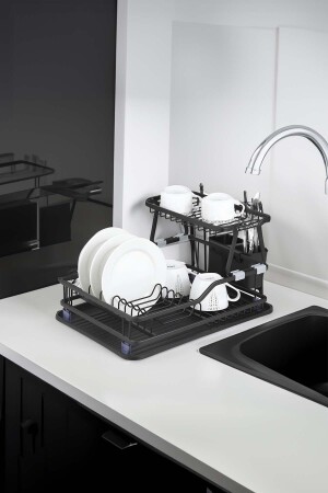 Zweistufiger schwarzer Geschirrständer aus rostfreiem Aluminium, moderner Tellerständer - Vadi